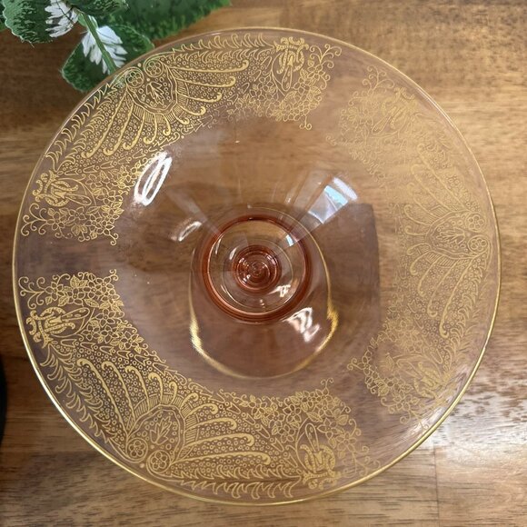 Vintage Pink Depression Glass‎ Compote Gold Etched Pedestal Dish Elegant 1930s - Picture 6 of 7